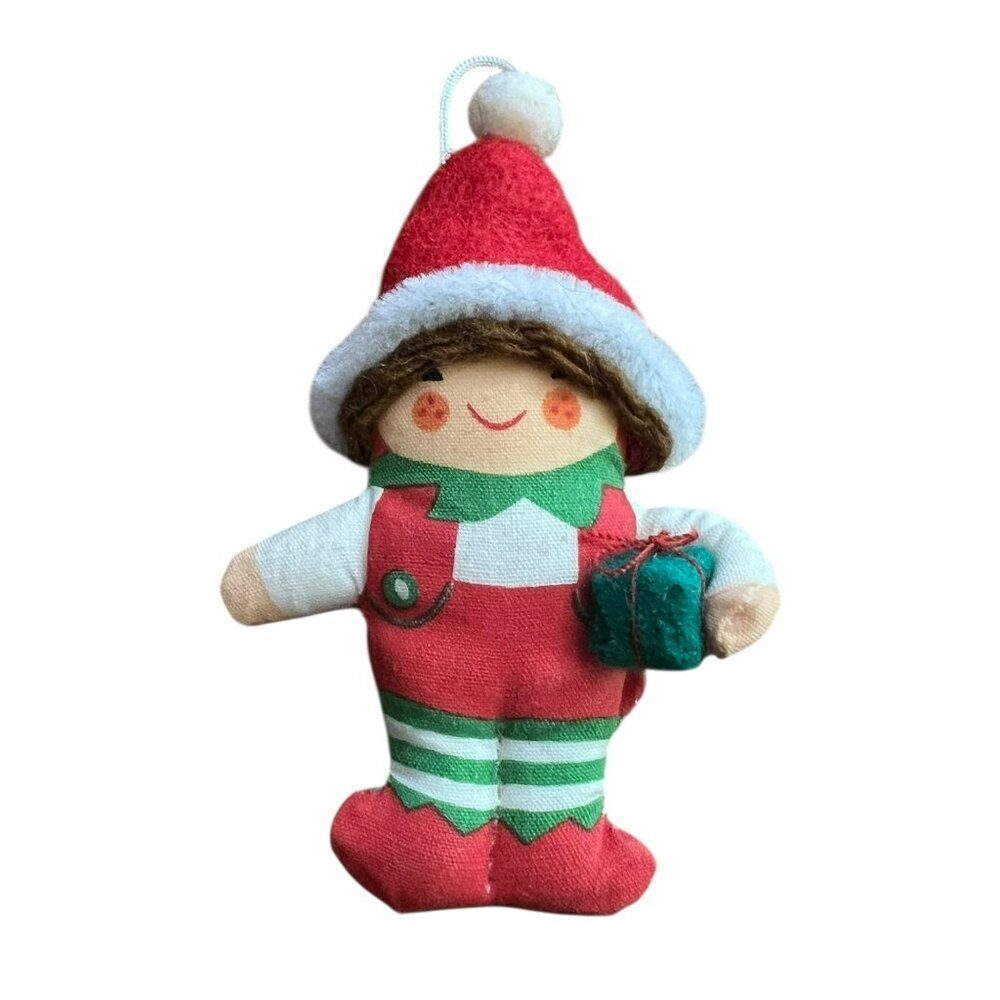 Elf Ornament Brooch With Red Santa Hat Green Gift Safety Pin Back 3 In